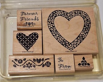 Retired Stampin Up Hearts & Posies 6 Rubber Stamps, 2002, forever friends, to from, flower