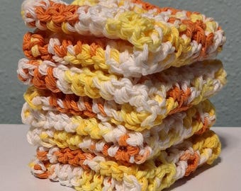 Crochet Cotton Dishcloths Set - Creamsicle Yellow Orange, Dish Cloths, Cotton Washcloth, 7 inches