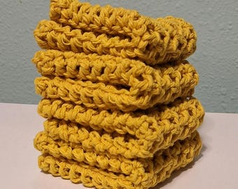 Handmade Crochet Cotton Dishcloths, Mustard Yellow Wash Cloths (7 in)