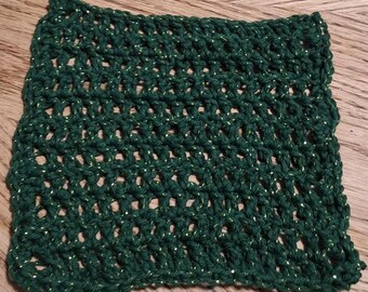 Handmade Crochet Cotton Dishcloth, Reusable Washcloth, 7 inch, forest green, gold