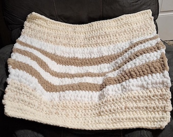 Chunky Soft Handmade Chenille Throw Lap Blanket, Neutral Colors, Cream, White & Brown, 38x33 in