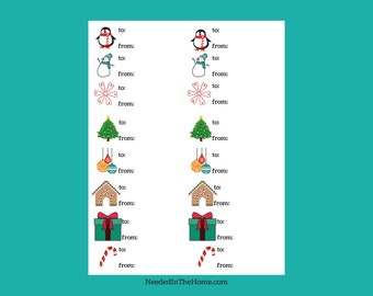 Christmas Gift Tags, Penguin Snowman Tree Ornaments Present Candy Canes House Christmas Holiday Printable