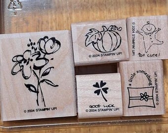 Stampin Up Tag Time, 5 Rubber Stamps, Retired 2004, flowers, pumpkin baby, clover, purse