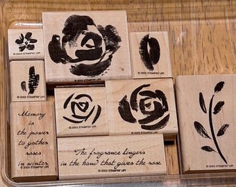 Stampin' Up Roses In Winter, 9 Rubber Stamps, Two-Step Stamping, Rose Parts, Leaves, Stems, Wording