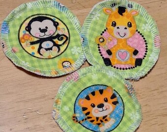 Baby Animals Cotton Flannel Facial Rounds - Reusable Makeup Remover Pads, Green, tiger, giraffe, monkey