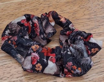 Chickens, Hens, Roosters Hair Scrunchie, Handmade Cotton Hair Tie, Poultry Theme Scrunchy