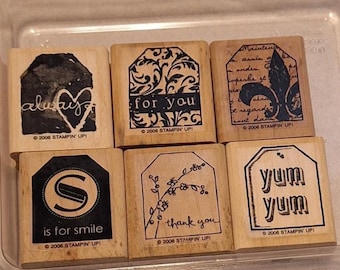 Stampin Up Too Terrific Tags, 6 Rubber Stamps, Retired 2006, always, for you, yum