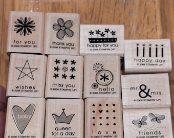 Stampin Up Tagger's Dozen, 12 Rubber Stamps, Retired 2006, friends, thank you, happy day