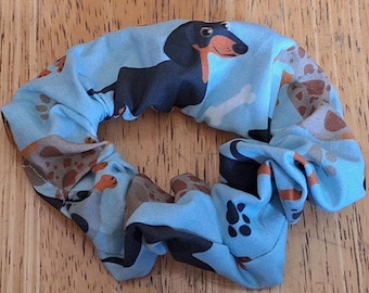 Mini Dachshund Print Hair Scrunchie, Handmade Cotton Hair Tie, Dog Theme Scrunchy, Doxies
