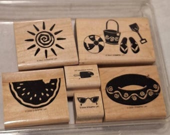 Stampin Up Summer Fun, 6 Rubber Stamps, Retired 2002, Wood Mounted