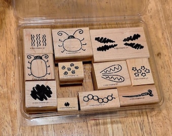 Stampin Up Bug Builders, 11 Rubber Stamps, Two Step Stamping, Retired 2002, Wood Mount