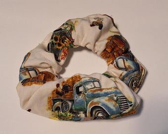 Fall Hair Scrunchie, Cotton Fabric Scrunchy For Ponytails, Autumn Farm Truck Market Theme, Chickens