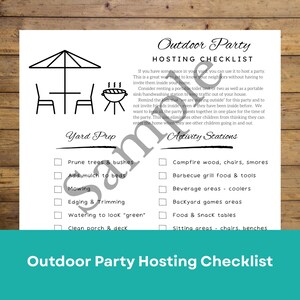 May include: A black and white outdoor party hosting checklist with illustrations of an umbrella, chairs, and a grill. The checklist includes yard prep and activity station tasks. The text "Outdoor Party Hosting Checklist" is at the bottom.