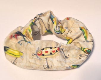 Handmade Fishing Theme Hair Scrunchie, Lures Print Cotton Hair Tie, Beige Scrunchy
