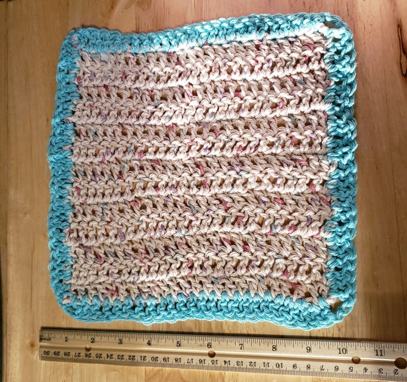 Crochet Dishcloth or Bath Cloth Dish Rag Wash Cloth Made With 100% Cotton  Yarn in the Color Cream Fleck & Teal Aqua Trim 10 Handmade 