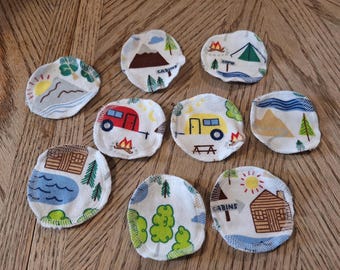 Cotton Flannel Facial Rounds - Camping Theme, cabin, tent, camper, trees lake mountain campfire sunshine