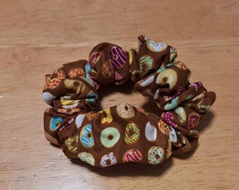 Handmade Donut Print Hair Scrunchie, Cotton Hair Tie, Donuts Accessory, brown tan, Scrunchy