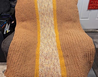 Large chunky soft hand knit chenille throw blanket, Mustard Yellow & Brown, 61x57 in