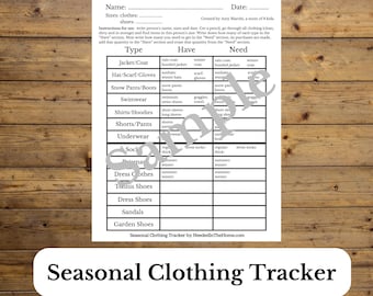 Seasonal Clothing Tracker, Clothes To Buy List, Kids Shirts and Pants Inventory List