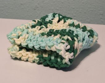 Handmade Crochet Cotton Dishcloth, Reusable Washcloth, Farmhouse Style (7 inch), Green mix, Dish Cloths
