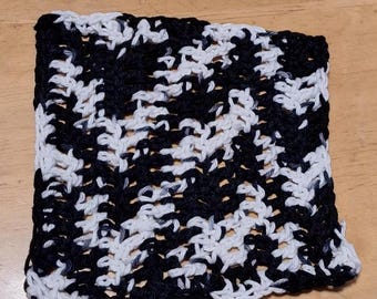Handmade Crochet Cotton Dishcloth, Reusable Washcloth, Farmhouse Style (6.5 inch), black white mix, Dish Cloths