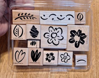 Stampin Up Fanciful Flowers, 13 Rubber Stamps, 1999 two-step stamping floral shadow background