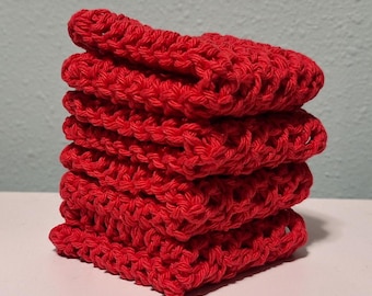 Handmade Crochet Cotton Dishcloths, Solid Red, Farmhouse Kitchen, 7 in