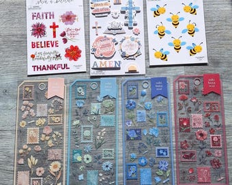 Clear Background Bible Verse Stickers, Faith, Religion, Bees, Flowers, Stamps, Seals, for Scrapbook, 7 Packages - 8" x 3.5"