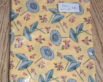 Japanese Umbrella Cotton Fabric, Quilting (1.33 Yards), Gold Accents, Cherry Blossoms, Blue umbrellas, yellow