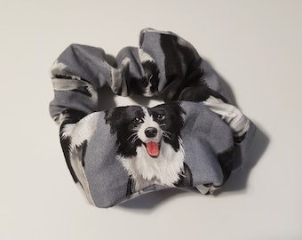 Handmade Border Collie Hair Scrunchie, Dog Theme Print Cotton Hair Tie, Black White Scrunchy