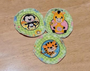 Baby Animals Cotton Flannel Facial Rounds - Reusable Makeup Remover Pads, Green, set of 10