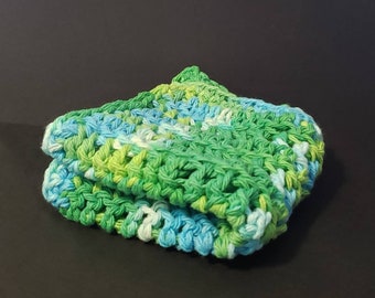 Handmade Crochet Cotton Dishcloth, Reusable Washcloth, Farmhouse Style (7 inch), Green Blue, Dish Cloths