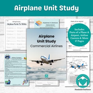Peut inclure: Ensemble de documents imprimables éducatifs intitulés "Airplane Unit Study" pour les compagnies aériennes commerciales. Comprend des pages sur les pièces d'avion, les informations sur les aéroports, les carrières dans les compagnies aériennes, etc.