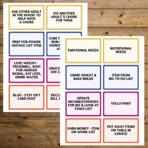 May include: Two sheets of paper with colorful rectangular labels, each containing text. The labels have various colors, including blue, yellow, pink, and orange. The text on the labels includes phrases like "Emotional Needs" and "Grind Wheat & Bake Bread."