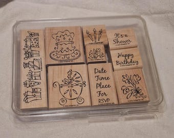Stampin Up Something to Celebrate, 9 Rubber Stamps, 2004, baby carriage cake