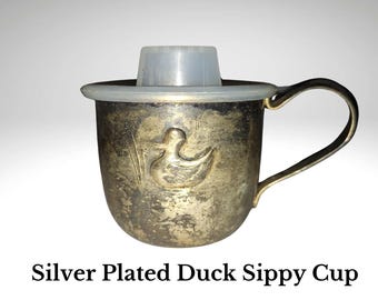 Vintage Silver Plated Baby Cup, Selandia Designs, Repousse Duck, Plastic Lid, Toddler Sippy Handle