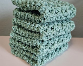 Handmade Crochet Cotton Dishcloths: Jade Mist, Sea Green Farmhouse Style Cloth Washcloth 7"