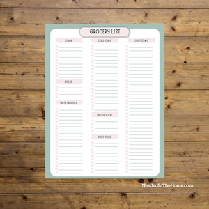 May include: A printable grocery list with checkboxes and categories for other, cold items, bread, fresh produce, frozen food, and shelf items. The list is on a light green background with pink accents.