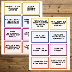 May include: Two sheets of colorful, rectangular cards with text prompts for various tasks. The cards have white backgrounds with colored borders and text such as "Schedule or Sign Up for Kids Activities" and "Rotate Seasonal Clothing."