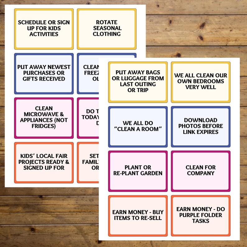 May include: Two sheets of colorful, rectangular cards with text prompts for various tasks. The cards have white backgrounds with colored borders and text such as "Schedule or Sign Up for Kids Activities" and "Rotate Seasonal Clothing."