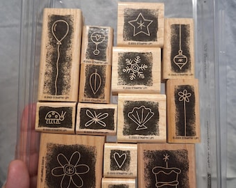 Stipple Celebration set of 14, Wood Mounted Rubber Stamps, 2003 Stampin Up Stamp Set