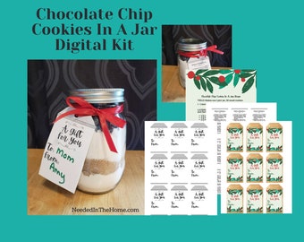 Chocolate Chip Cookies In A Jar Digital Kit Pack, includes recipe to pack pint jars, gift tags, ingredients to add and baking instructions