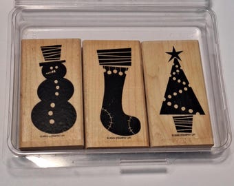Stampin Up Wooden Rubber Stamp Set of 3, Holiday Basics, 2003, Snowman, Christmas Tree