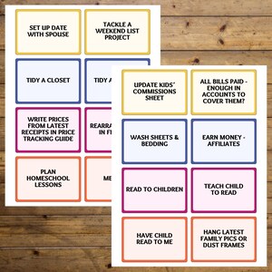 May include: Two sheets of paper with colorful boxes containing text. The text includes phrases like "Set up date with spouse," "Tidy a closet," and "Read to children." The boxes have various colored borders, including yellow, blue, and pink, against a wood grain background.