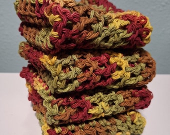 Handmade Crochet Cotton Dishcloths, Autumn Leaves Colors, 7 in