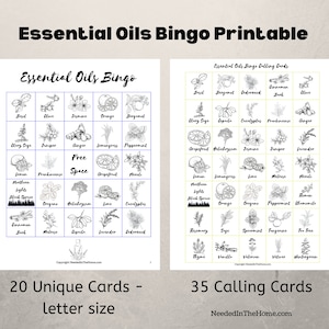 May include: A printable bingo card set featuring 20 unique bingo cards and 35 calling cards with essential oil names. The cards are black and white with illustrations of each oil.