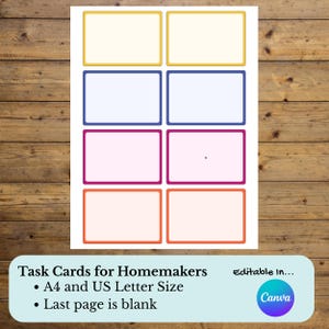 May include: A sheet of task cards for homemakers, featuring rectangular frames in yellow, blue, magenta, and orange. The text "Task Cards for Homemakers" and other details are at the bottom. The cards are A4 and US Letter size.