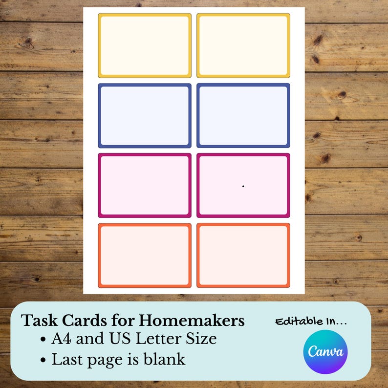 May include: A sheet of task cards for homemakers, featuring rectangular frames in yellow, blue, magenta, and orange. The text "Task Cards for Homemakers" and other details are at the bottom. The cards are A4 and US Letter size.