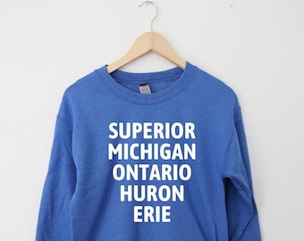 Great Lakes Crewneck Sweatshirt: Lake Michigan, Huron, Superior