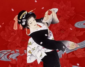 Asian Temple Maiden in the Snow Japanese Woodblock Counted Cross Stitch Pattern